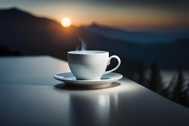 A cup of coffee on a table with a sunset in the background