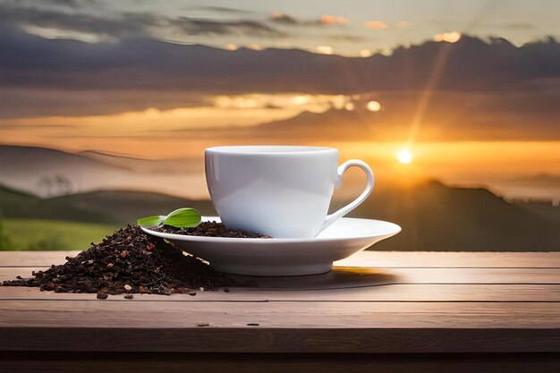 A cup of coffee on a table with a teapot and a cup of coffee