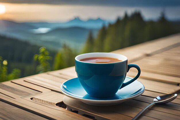 A cup of coffee on a table with a view of a mountain range in the background