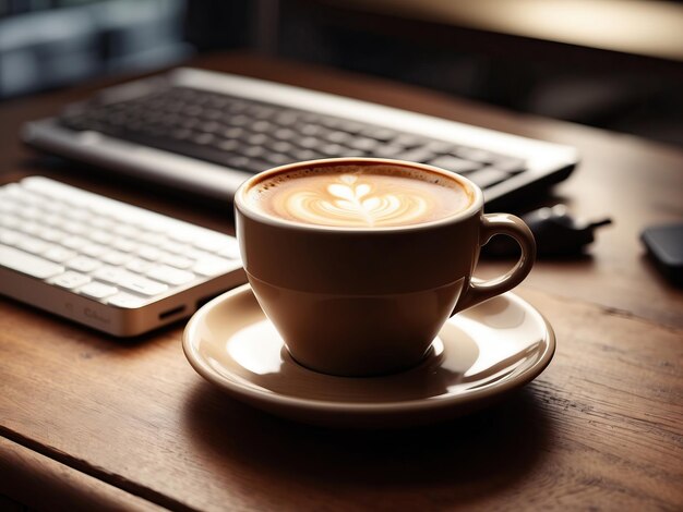 Photo a cup of coffee on the table for work in the morning