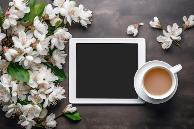 Чашка кофе рядом с планшетом с цветами на столе