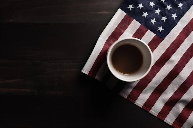 Cup of coffee tea and American flag on wooden table background top view with copy space