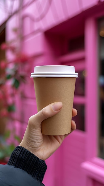 Cup of coffee or tea on pink background blank mockup template