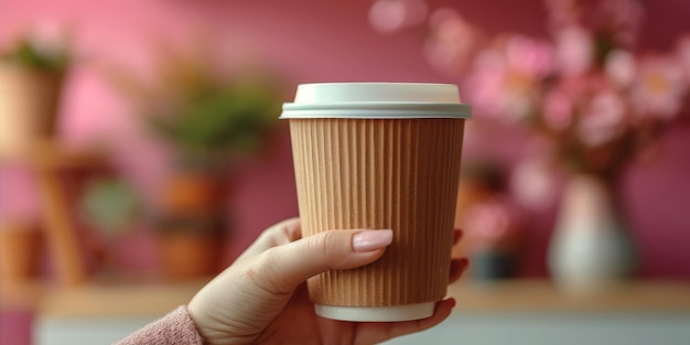 ピンクの背景にあるコーヒーやお茶のカップ空白のモックアップテンプレート