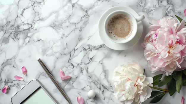 A cup of coffee a telephone a ballpoint pen and a Peony flower lie on a white marble table