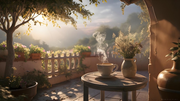 Cup of coffee on a terrace cozy summer morning idyllic lifestyle photo