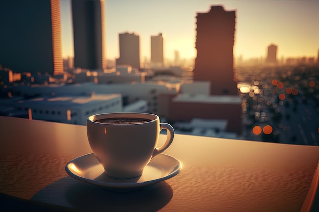 A cup of coffee on top balcony with blurred city background with copy space