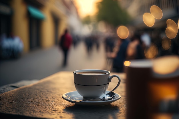 A cup of coffee on top balcony with blurred street background with copy space