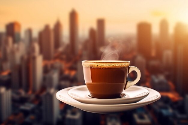 Photo a cup of coffee on a tray with a city in the background.