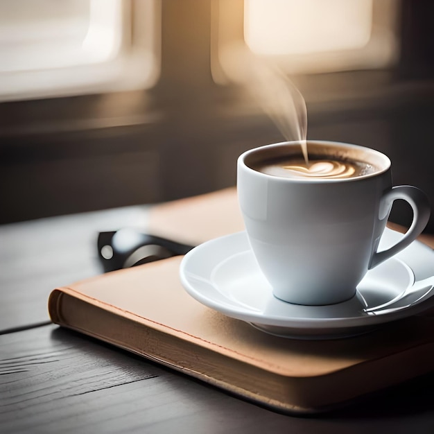 a cup of coffee on a tray with a spoon on top of it.