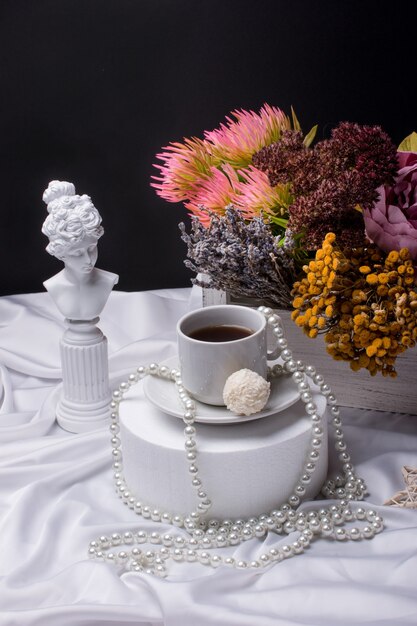 a cup of coffee on a tray