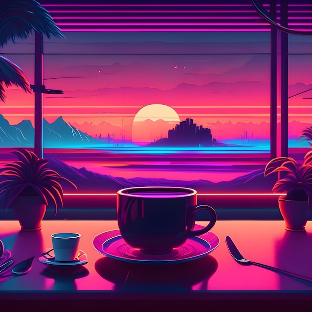 a cup of coffee vaporwave illustration