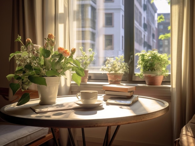 A cup of coffee and vase of flowers on a wooden table by the window sunlight passing through the window Generative AI