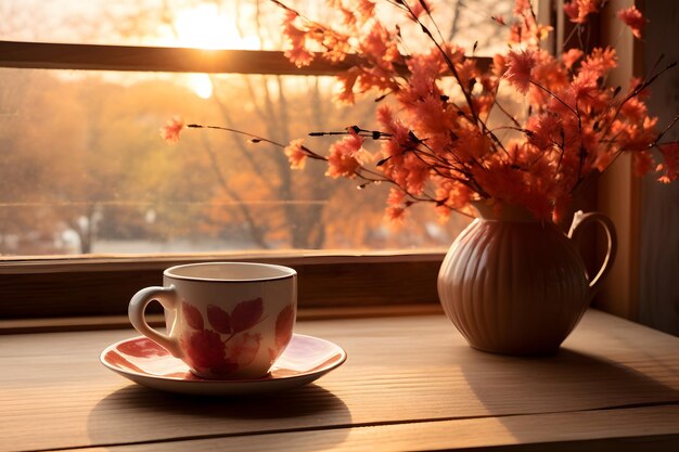 Photo a cup of coffee and a vase with flowers on a table