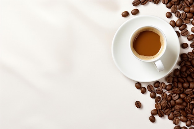 Cup of coffee on a white background empty space for design grains surface banner