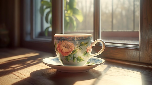 Cup of coffee on the window sill 3d illustration