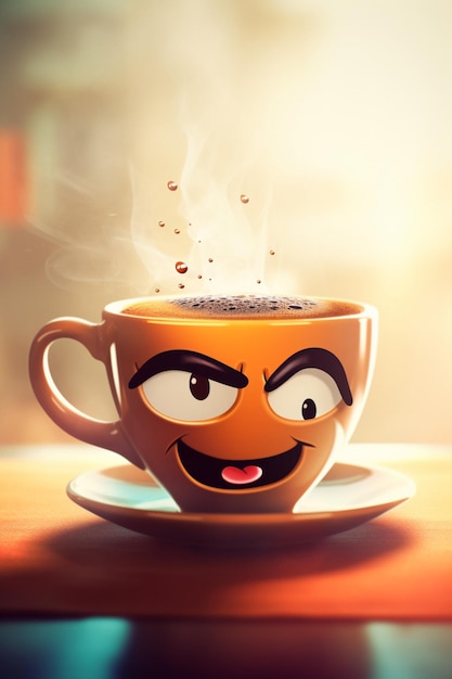 A cup of coffee with an angry face on it.