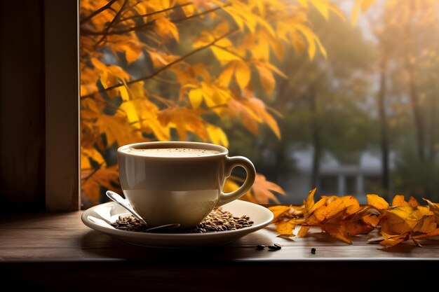 秋の葉でコーヒーを飲む - ゲネレーティブ・AI