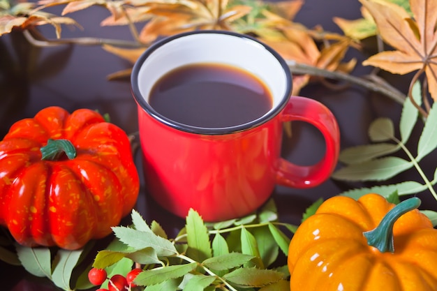 Cup of coffee with autumn leaves and small pumpkins