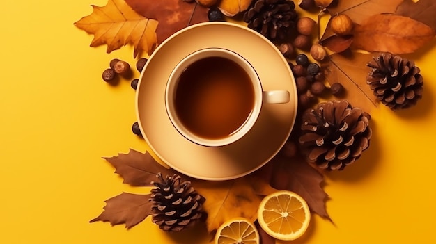 A cup of coffee with autumn leaves on a yellow background