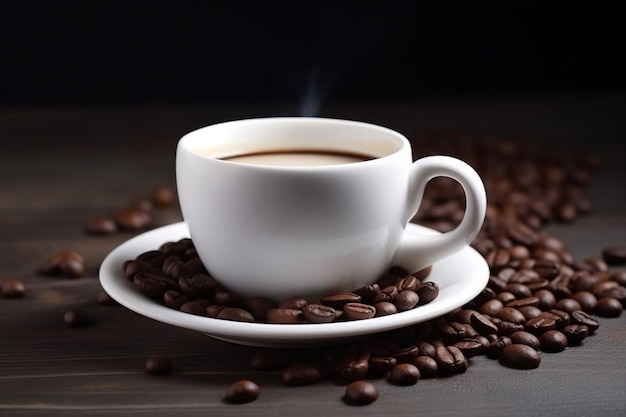 A cup of coffee with beans on the table