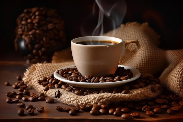 A cup of coffee with beans on the table