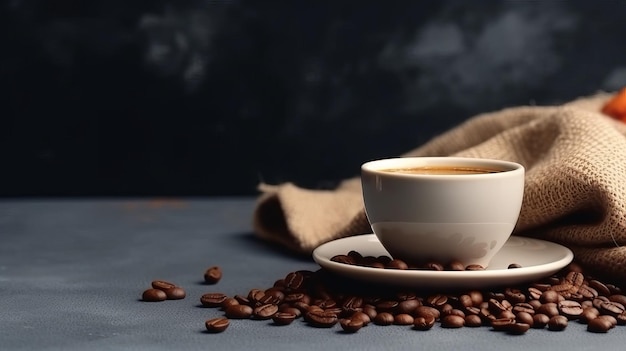 A cup of coffee with beans on the table