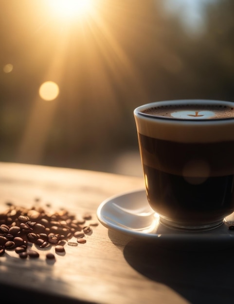 テーブルの上に豆とコーヒーのカップ