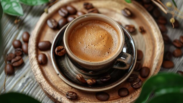 Photo a cup of coffee with beans on a wooden table