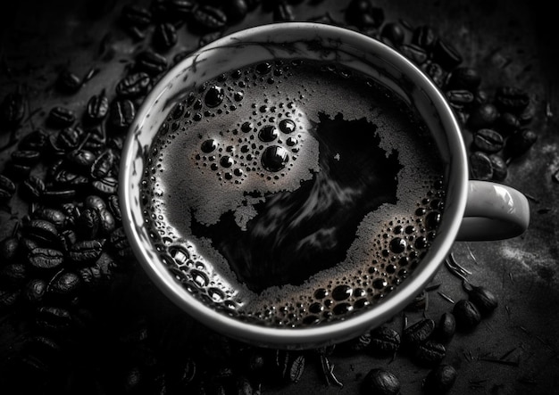 Foto una tazza di caffè con uno sfondo nero e uno sfondo nero con chicchi di caffè.