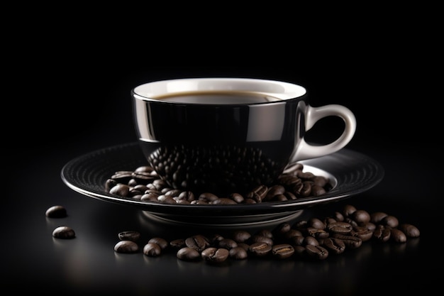 A cup of coffee with a black and white design on the bottom