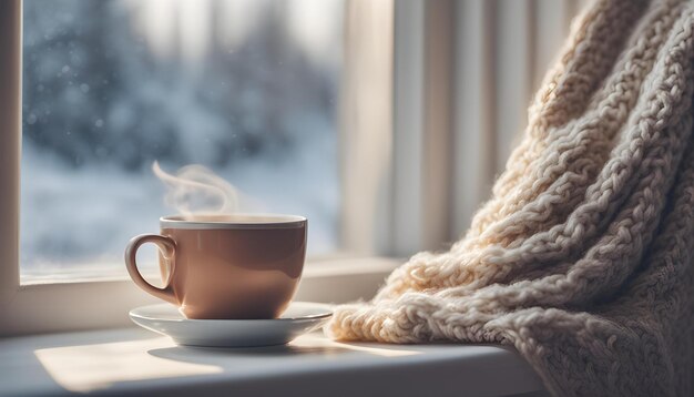 a cup of coffee with a blanket on the window sill