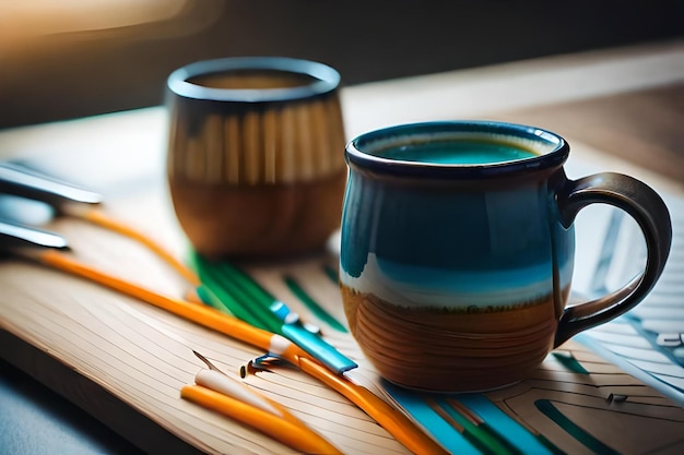 A cup of coffee with a blue and orange pencil on the table.