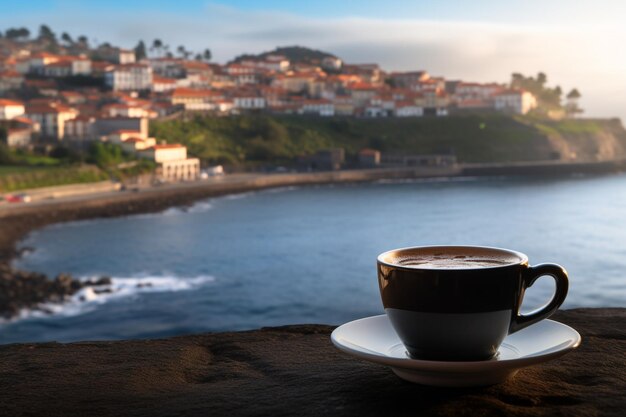 Photo cup of coffee with a blurred view of a garachico town on the ocean shore