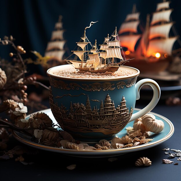 A cup of coffee with a boat on the top and a small boat on the top