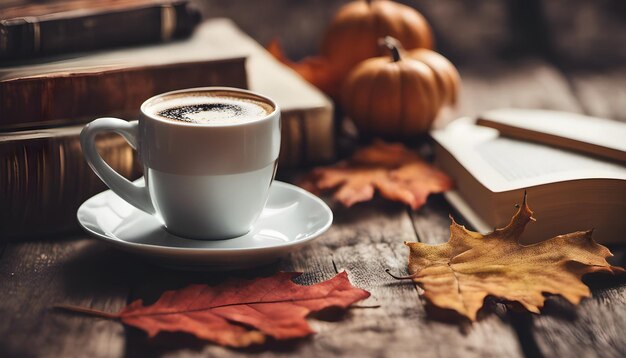 Cup of coffee with books autumn leaves and knitted scarf on wooden background Ai Generated