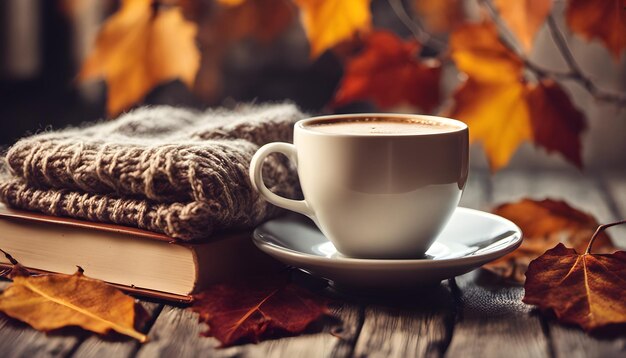 Cup of coffee with books autumn leaves and knitted scarf on wooden background Ai Generated