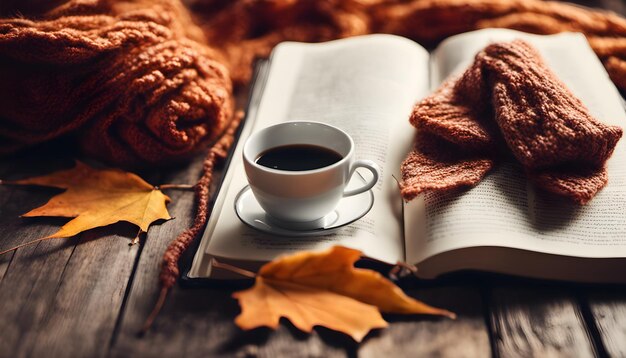 Cup of coffee with books autumn leaves and knitted scarf on wooden background Ai Generated