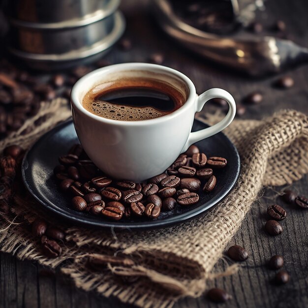 A cup of coffee with a burlap cloth on the table