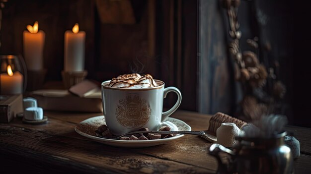 A cup of coffee with a candle in the background