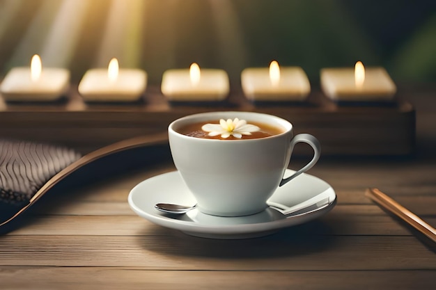 a cup of coffee with a candle in the background