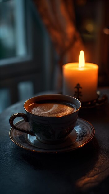 Foto una tazza di caffè con una candela accanto