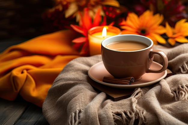 A cup of coffee with a candle on a plate