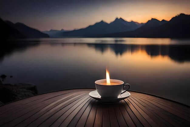 Foto una tazza di caffè con una candela su un tavolo accanto a un lago.