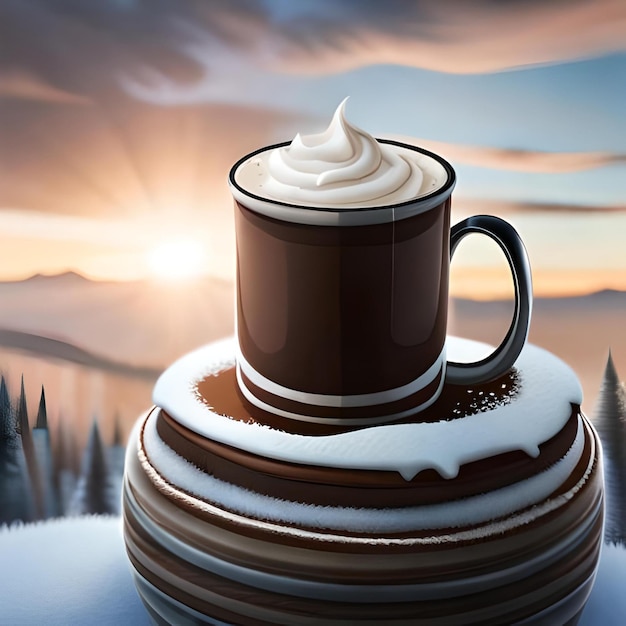 A cup of coffee with a cap on it is covered in snow