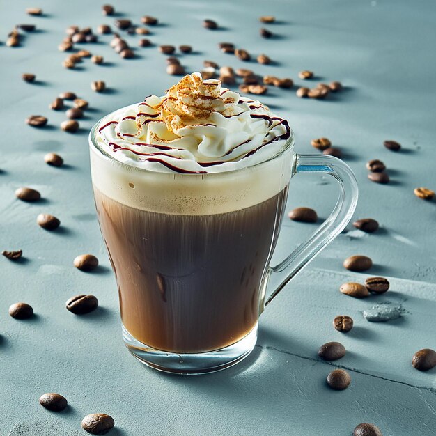 Photo a cup of coffee with chocolate chips and chocolate chips on a table