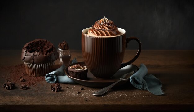 A cup of coffee with a chocolate mocha on top.