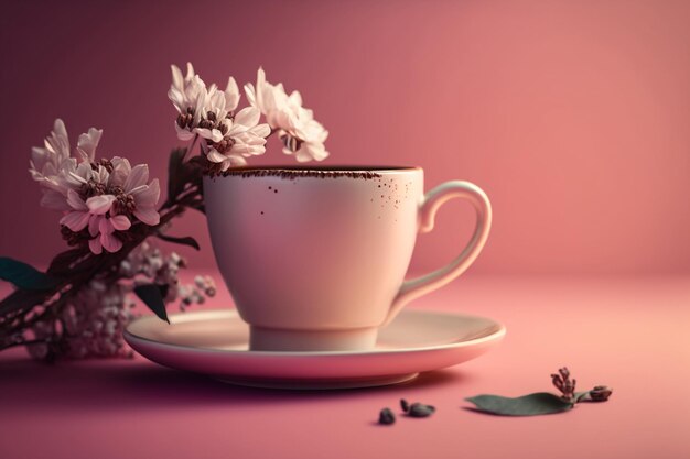 A cup of coffee with a chocolate saucer and flowers on the table.