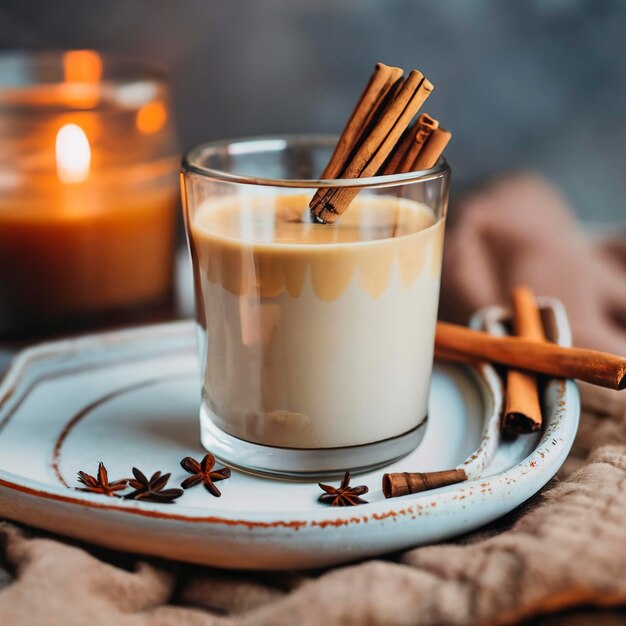 Photo a cup of coffee with cinnamon and anice on a wooden tray next to burning candle cozy place with soft plaid coffee and dry fruits autumn and winter spicy comforting drink