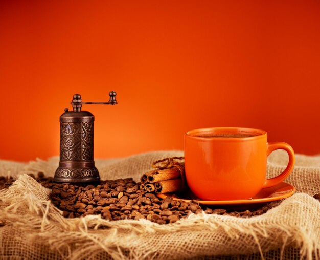 Cup coffee with cinnamon and coffee mill